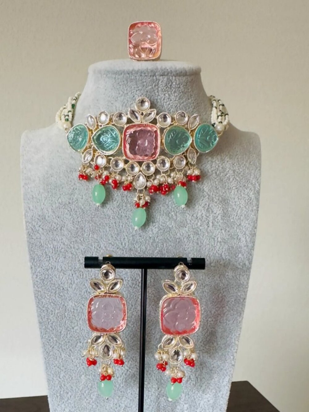 Light Pink Mint Kundan Indian Wedding Choker Set